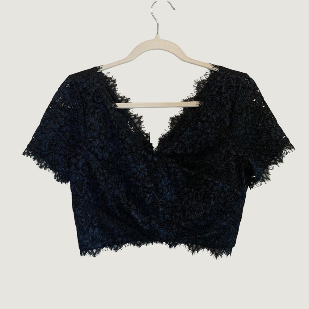 Bebe Lace Crop Top M Navy Black V-Neck Zipper Back Romantic Chic Goth